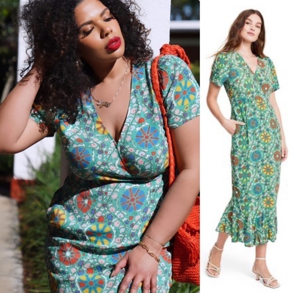 RHODE Dresses & Skirts - NWT RHODE x Target Zinnia Floral Print Short Sleeve Midi Dress Green/Red/Yellow